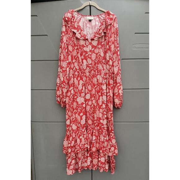 Universal Thread Midi Dress XXL Red Floral Long Balloon Sleeves Ruffle Boho - Picture 6 of 16